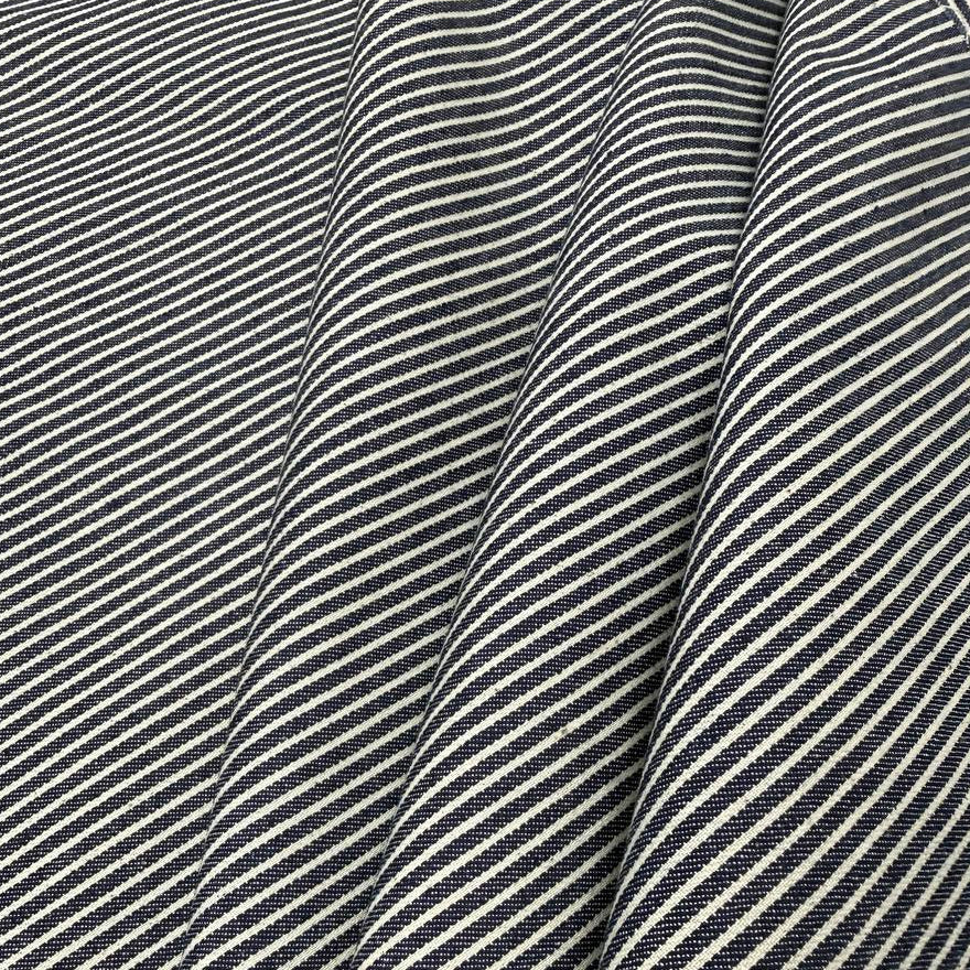 Denim blue and white fine striped yarn-dyed fabric, 100% cotton, 150 cm wide