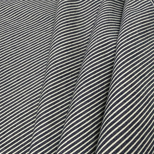 Denim blue and white fine striped yarn-dyed fabric, 100% cotton, 150 cm wide