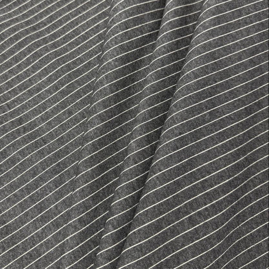Grey jacquard stretch fabric with fine contrasting stripes – rayon polyester spandex blend