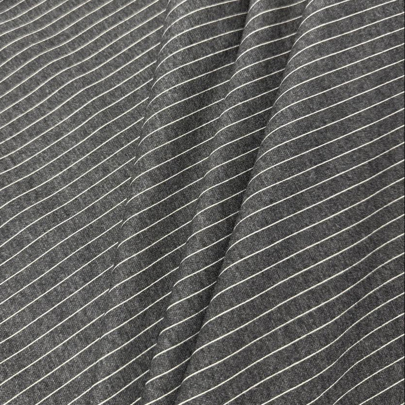 Grey jacquard stretch fabric with fine contrasting stripes – rayon polyester spandex blend
