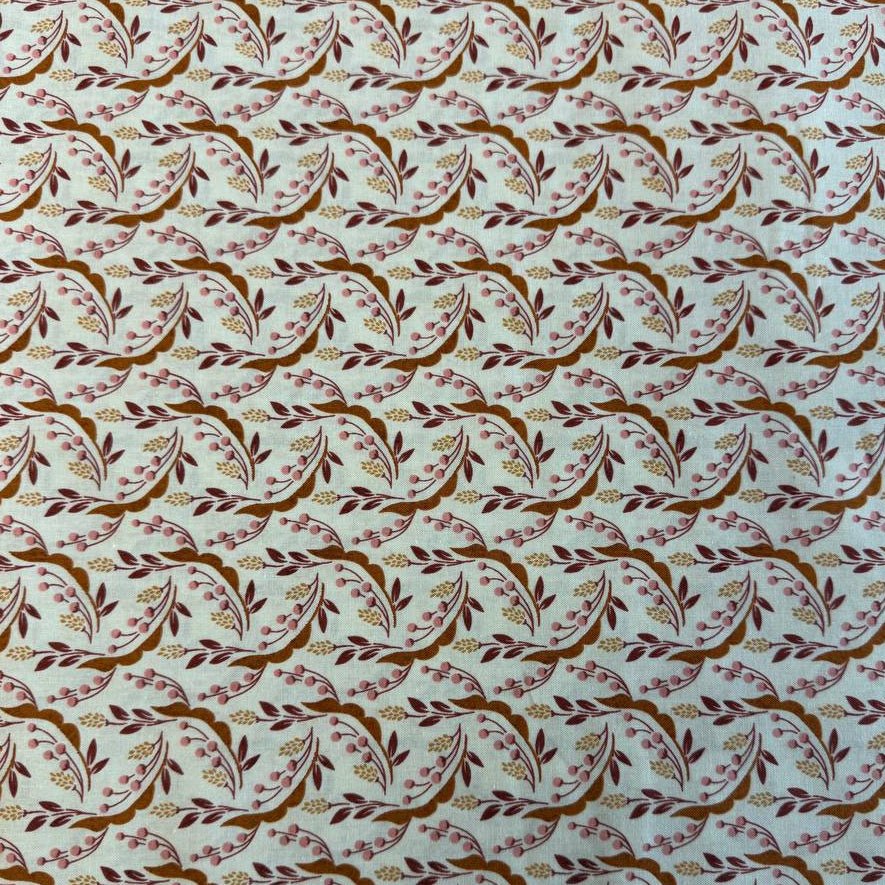 Acorn Hollow quilting cotton fabric by BasicGrey for Moda Fabrics featuring flowing botanical vines, berries, and foliage in warm earthy tones on an ecru background.