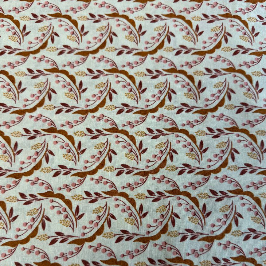Acorn Hollow quilting cotton fabric by BasicGrey for Moda Fabrics featuring flowing botanical vines, berries, and foliage in warm earthy tones on an ecru background.