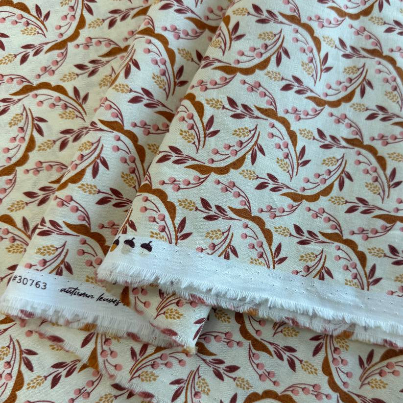 Acorn Hollow quilting cotton fabric by BasicGrey for Moda Fabrics featuring flowing botanical vines, berries, and foliage in warm earthy tones on an ecru background.