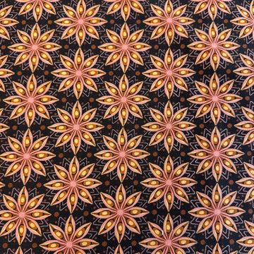 Acorn Hollow quilting cotton fabric by BasicGrey for Moda Fabrics featuring repeating geometric starburst motifs in pink, gold, and amber tones on a deep soil brown background.