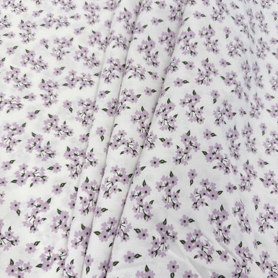 White cotton poplin fabric with delicate lilac floral print, 100% cotton, 150 cm wide, Sasha’s Atelier.