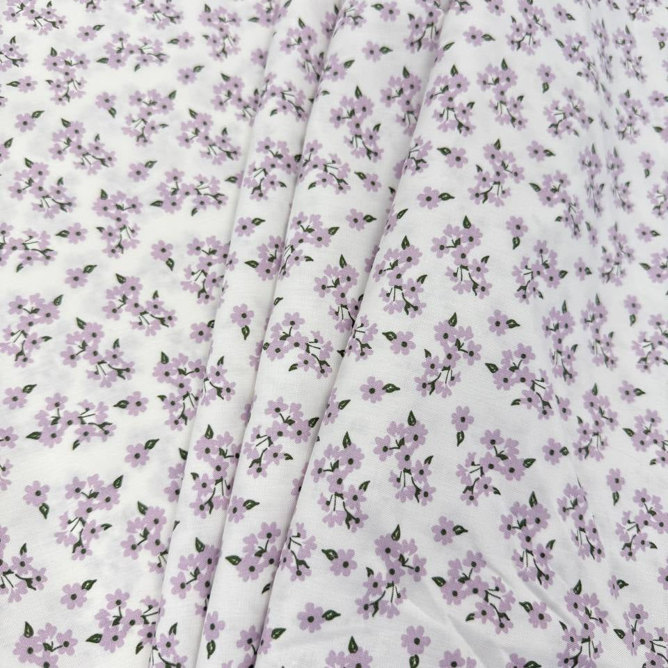 White cotton poplin fabric with delicate lilac floral print, 100% cotton, 150 cm wide, Sasha’s Atelier.