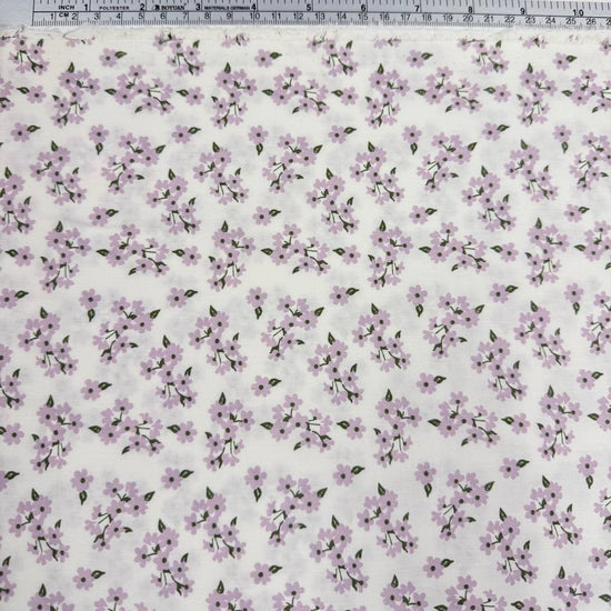 White cotton poplin fabric with delicate lilac floral print, 100% cotton, 150 cm wide, Sasha’s Atelier.