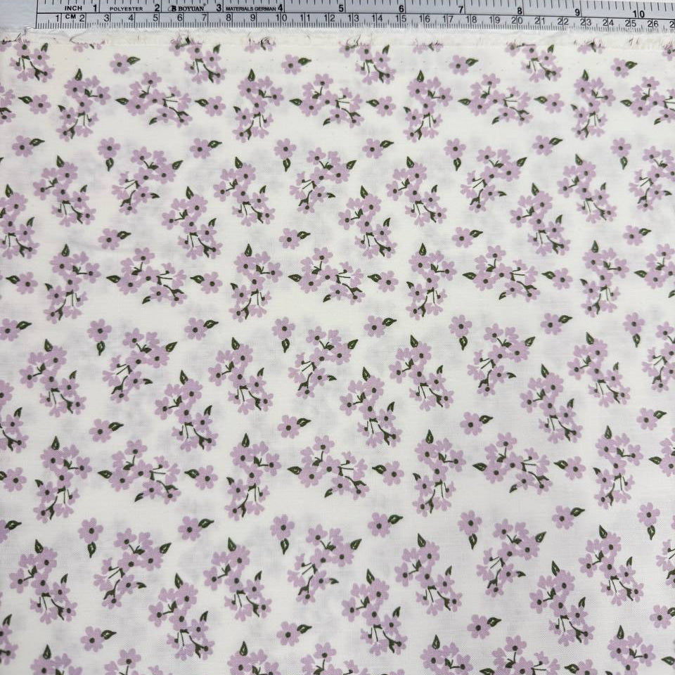 White cotton poplin fabric with delicate lilac floral print, 100% cotton, 150 cm wide, Sasha’s Atelier.