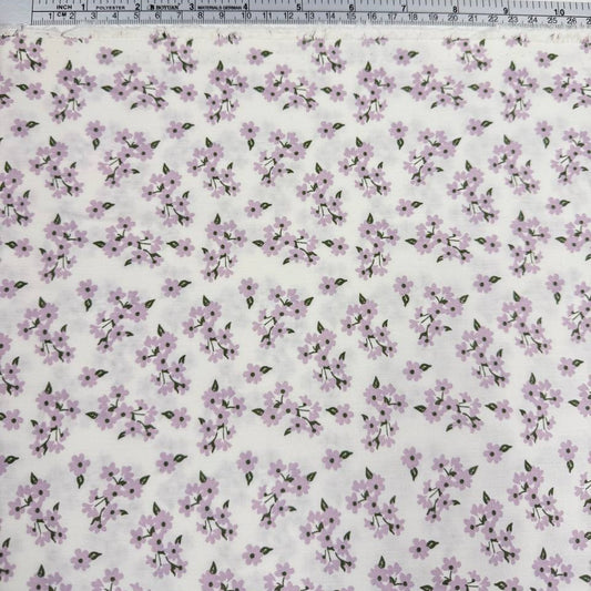 White cotton poplin fabric with delicate lilac floral print, 100% cotton, 150 cm wide, Sasha’s Atelier.