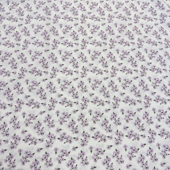 White cotton poplin fabric with delicate lilac floral print, 100% cotton, 150 cm wide, Sasha’s Atelier.