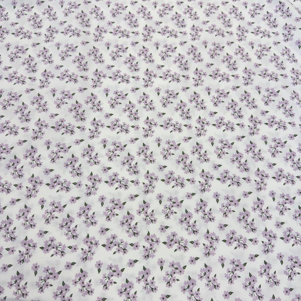 White cotton poplin fabric with delicate lilac floral print, 100% cotton, 150 cm wide, Sasha’s Atelier.