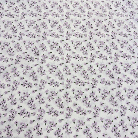 White cotton poplin fabric with delicate lilac floral print, 100% cotton, 150 cm wide, Sasha’s Atelier.
