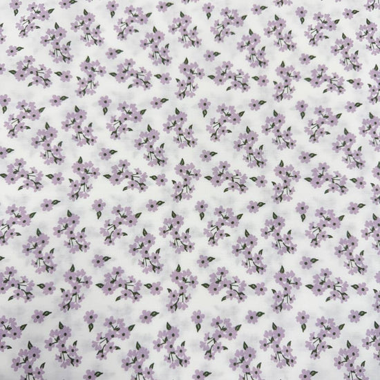White cotton poplin fabric with delicate lilac floral print, 100% cotton, 150 cm wide, Sasha’s Atelier.