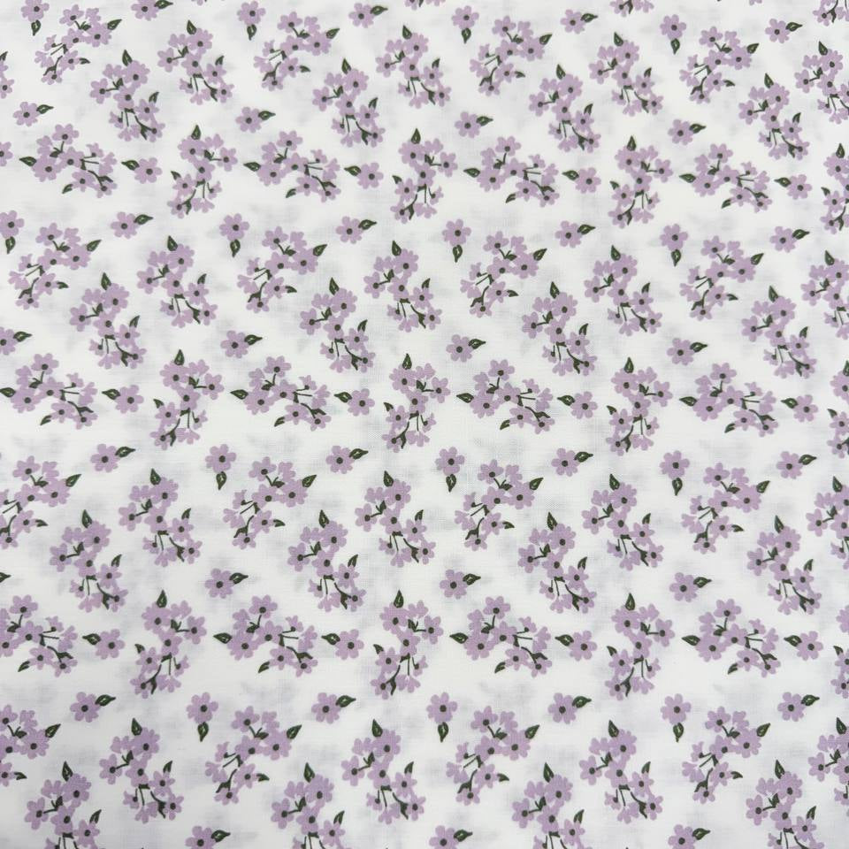 White cotton poplin fabric with delicate lilac floral print, 100% cotton, 150 cm wide, Sasha’s Atelier.