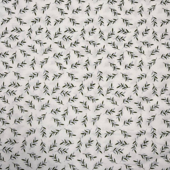 Ecru 100% cotton poplin fabric with delicate small green leaf print, 150 cm wide – Sasha’s Atelier.