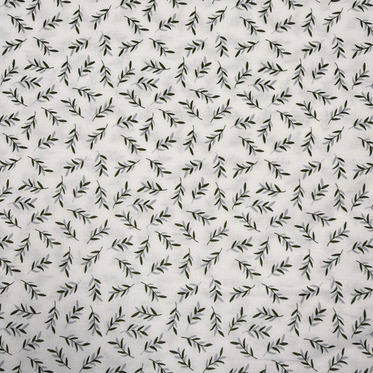 Ecru 100% cotton poplin fabric with delicate small green leaf print, 150 cm wide – Sasha’s Atelier.