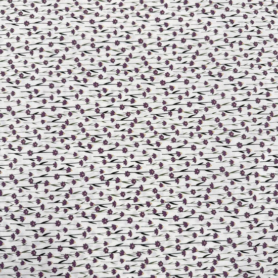 White 100% cotton poplin fabric with delicate purple cyclam flower print, 150 cm wide – Sasha’s Atelier.
