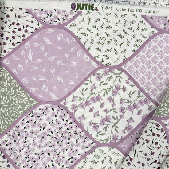 Lilac patchwork print 100% cotton poplin fabric with floral and botanical patterns, 150 cm wide – Sasha’s Atelier.