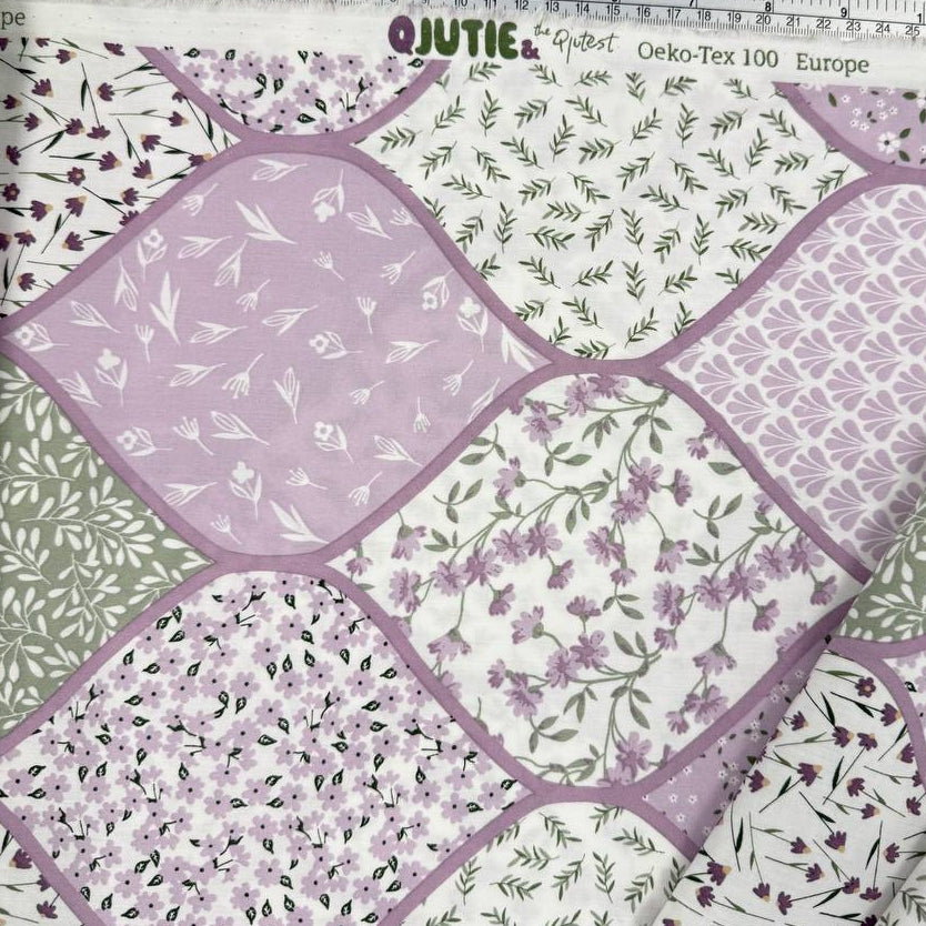 Lilac patchwork print 100% cotton poplin fabric with floral and botanical patterns, 150 cm wide – Sasha’s Atelier.
