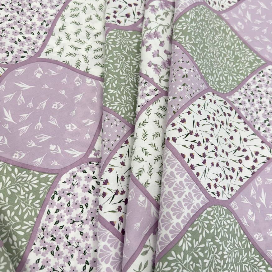Lilac patchwork print 100% cotton poplin fabric with floral and botanical patterns, 150 cm wide – Sasha’s Atelier.