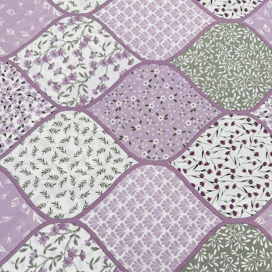 Lilac patchwork print 100% cotton poplin fabric with floral and botanical patterns, 150 cm wide – Sasha’s Atelier.