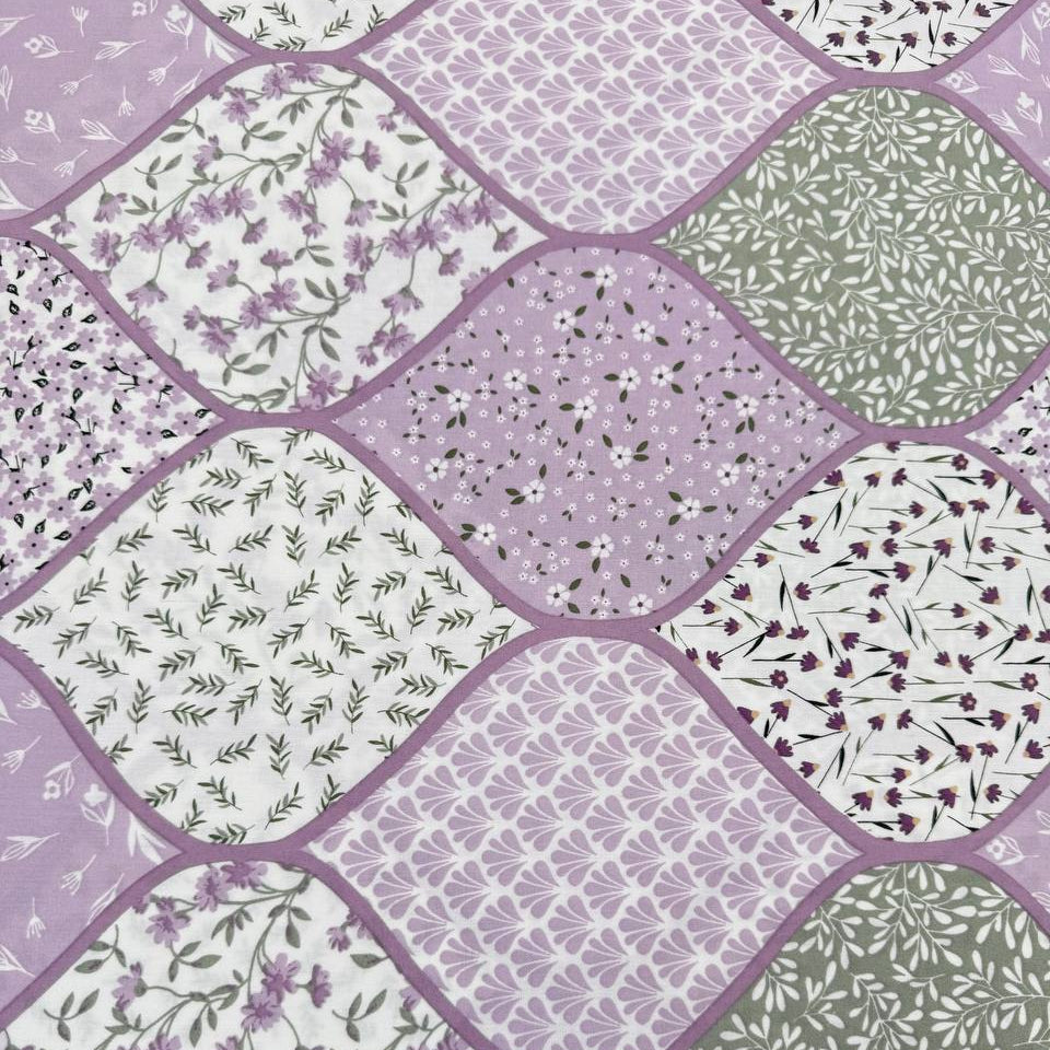 Lilac patchwork print 100% cotton poplin fabric with floral and botanical patterns, 150 cm wide – Sasha’s Atelier.
