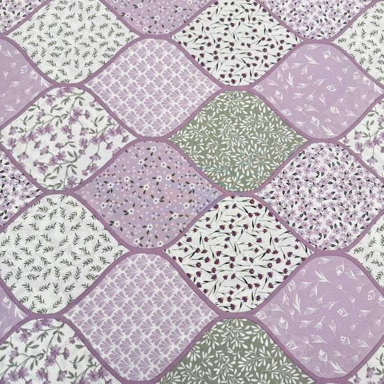 Lilac patchwork print 100% cotton poplin fabric with floral and botanical patterns, 150 cm wide – Sasha’s Atelier.