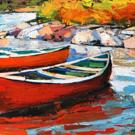 Canoe Lake Panel, Canoe Fabric, Red Canoe Fabric, Mountain Fabric, Lake Fabric, Canadian Nature Fabric, Landscape Fabric, Nature Panel, Cotton Panel, 100% Cotton, Quilting Cotton, Cabin Fabric, Outdoor Fabric, Quilt Panel