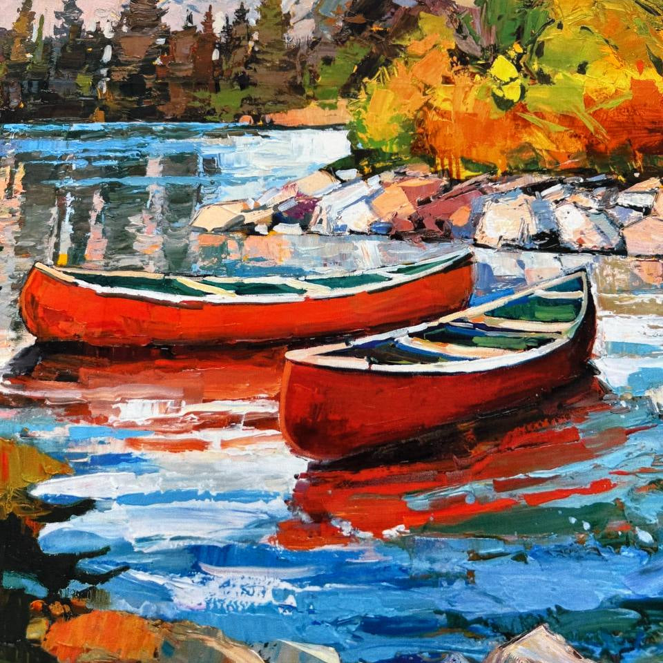 Canoe Lake Panel, Canoe Fabric, Red Canoe Fabric, Mountain Fabric, Lake Fabric, Canadian Nature Fabric, Landscape Fabric, Nature Panel, Cotton Panel, 100% Cotton, Quilting Cotton, Cabin Fabric, Outdoor Fabric, Quilt Panel