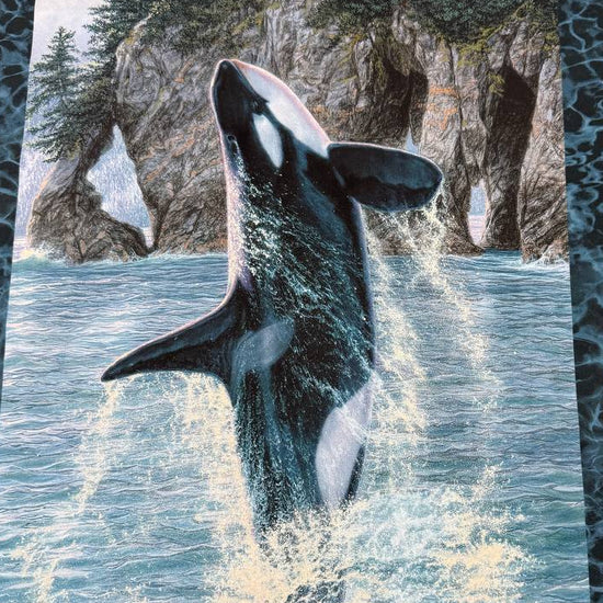Northcott Naturescapes Voyage orca cotton fabric panel featuring killer whales swimming through blue ocean waves.