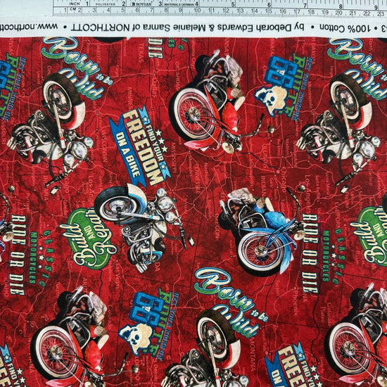 Northcott Historic Route 66 Motorcycle Toss red multi 100% cotton fabric featuring vintage motorcycles, Route 66 graphics and road map design.