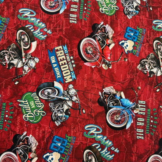 Northcott Historic Route 66 Motorcycle Toss red multi 100% cotton fabric featuring vintage motorcycles, Route 66 graphics and road map design.