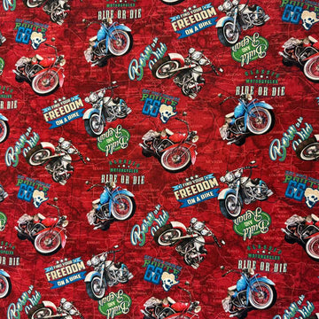 Northcott Historic Route 66 Motorcycle Toss red multi 100% cotton fabric featuring vintage motorcycles, Route 66 graphics and road map design.
