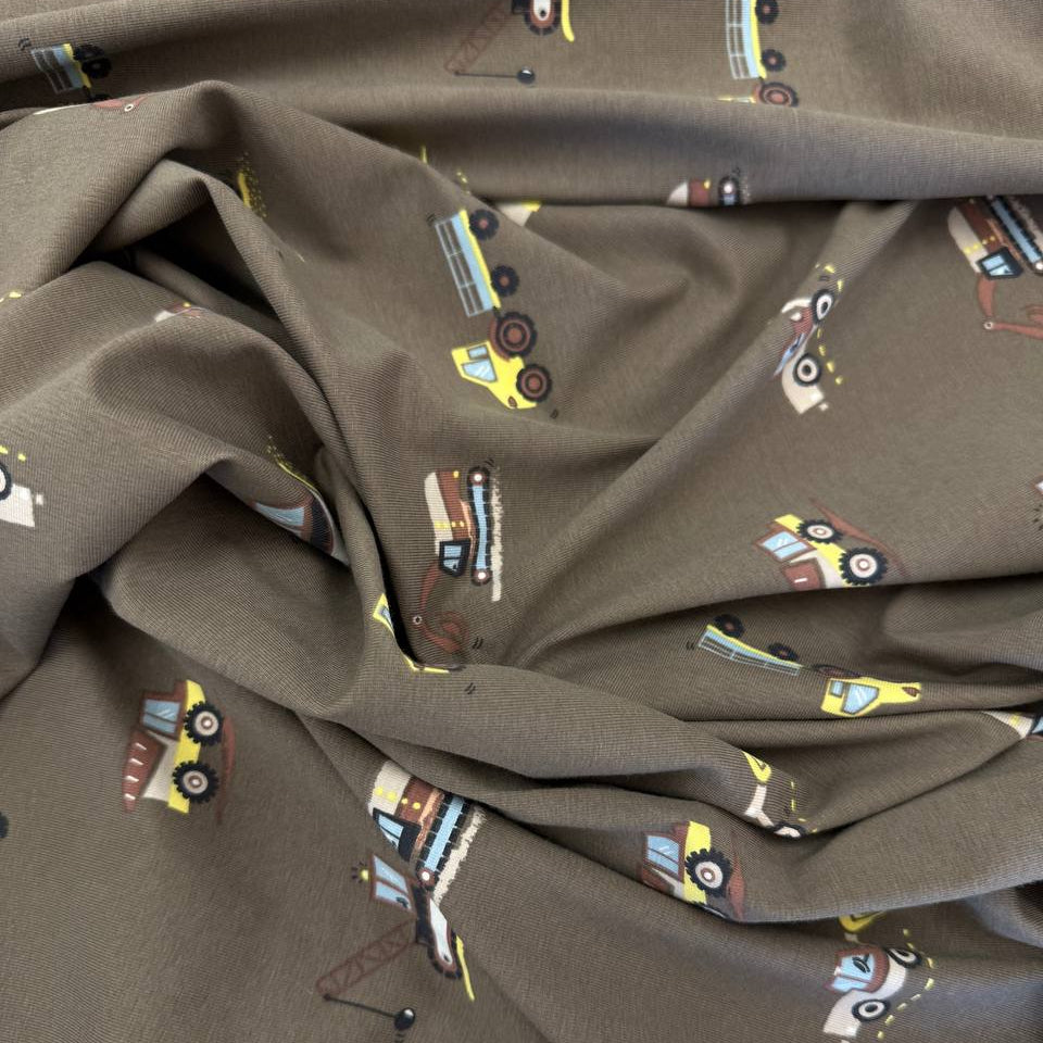 Heavy Vehicles Taupe cotton jersey fabric, 95% cotton 5% elastane, 200 GSM, 145–150 cm wide.
