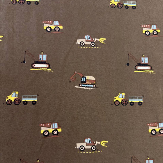 Heavy Vehicles Taupe cotton jersey fabric, 95% cotton 5% elastane, 200 GSM, 145–150 cm wide.