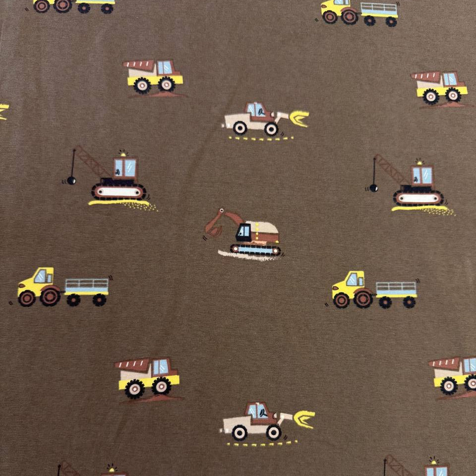 Heavy Vehicles Taupe cotton jersey fabric, 95% cotton 5% elastane, 200 GSM, 145–150 cm wide.