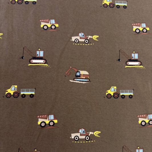Heavy Vehicles Taupe cotton jersey fabric, 95% cotton 5% elastane, 200 GSM, 145–150 cm wide.