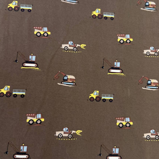 Heavy Vehicles Taupe cotton jersey fabric, 95% cotton 5% elastane, 200 GSM, 145–150 cm wide.