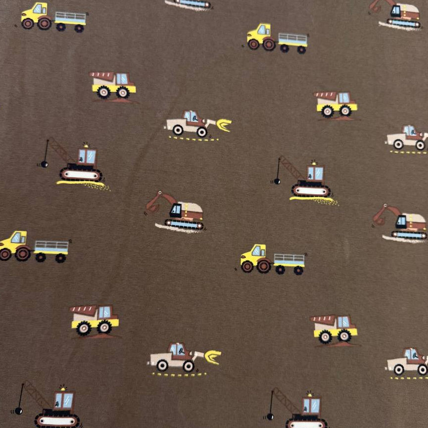 Heavy Vehicles Taupe cotton jersey fabric, 95% cotton 5% elastane, 200 GSM, 145–150 cm wide.