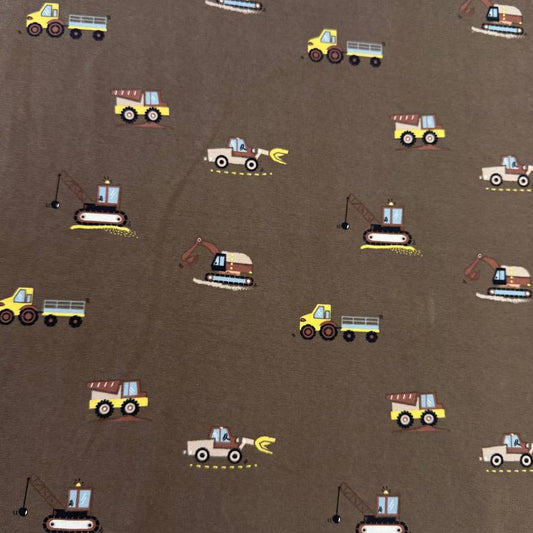 Heavy Vehicles Taupe cotton jersey fabric, 95% cotton 5% elastane, 200 GSM, 145–150 cm wide.