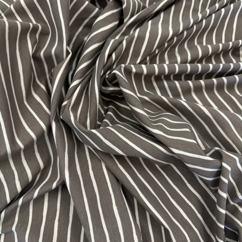 Taupe cotton jersey knit fabric with light vertical stripes, 95% cotton and 5% elastane, 200 GSM.