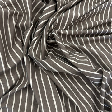 Taupe cotton jersey knit fabric with light vertical stripes, 95% cotton and 5% elastane, 200 GSM.