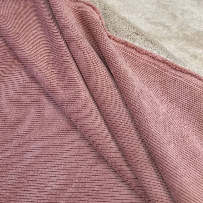Washed corduroy bonded sherpa fabric in Camel Taupe and Old Rose with soft plush backing