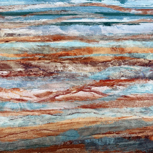 Stonehenge Canyon Blue Multi 100% cotton fabric with abstract blue, teal, turquoise, rust, brown and cream textured brushstroke design.
