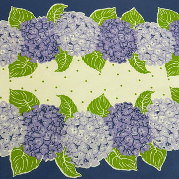 Classic Retro cotton toweling with blue and lavender hydrangeas, green leaves and blue border.