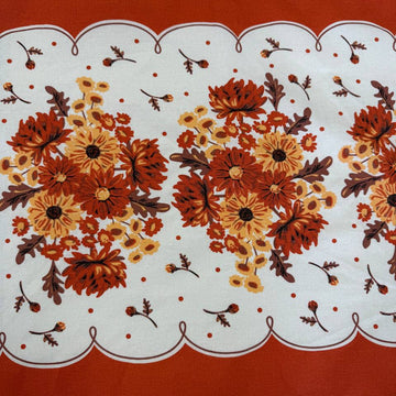 Classic Retro 100% cotton toweling with rust orange and golden floral bouquets, cream centre and rust border.