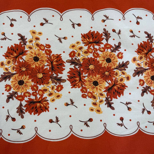 Classic Retro 100% cotton toweling with rust orange and golden floral bouquets, cream centre and rust border.