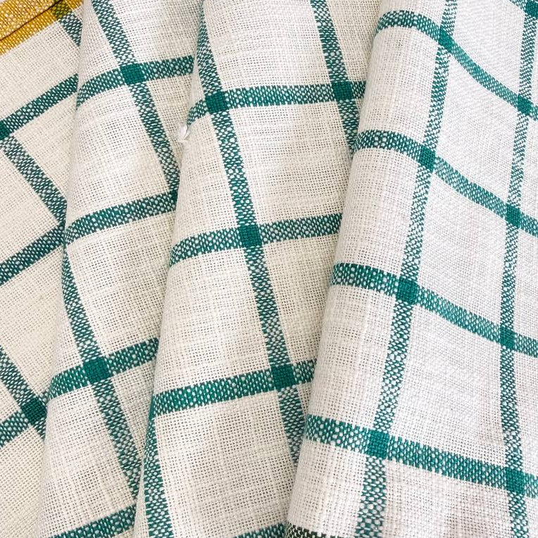 Kitchen Window 100% cotton toweling in Turquoise and Cayenne windowpane check colourways.