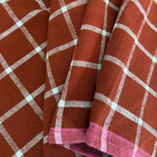 Kitchen Window 100% cotton toweling in Turquoise and Cayenne windowpane check colourways.