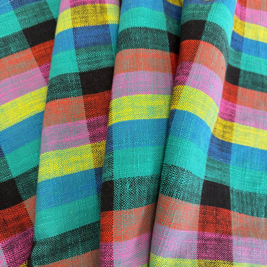 Sunshine 100% cotton woven toweling with colourful turquoise, blue, yellow, pink, orange and black plaid pattern.